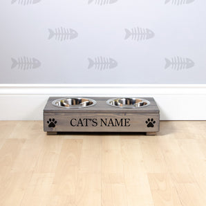 Double Personalised Raised Cat Bowl Stand 10cm High - Ash Grey