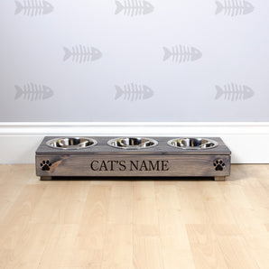 Triple Personalised Raised Cat Bowl Stand 10cm High - Ash Grey