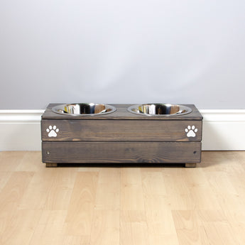 Personalised Wooden Bowl for dogs with Engraved Name (Grey) -with 2 bowls (medium) - 17cm high- for pets, dogs.