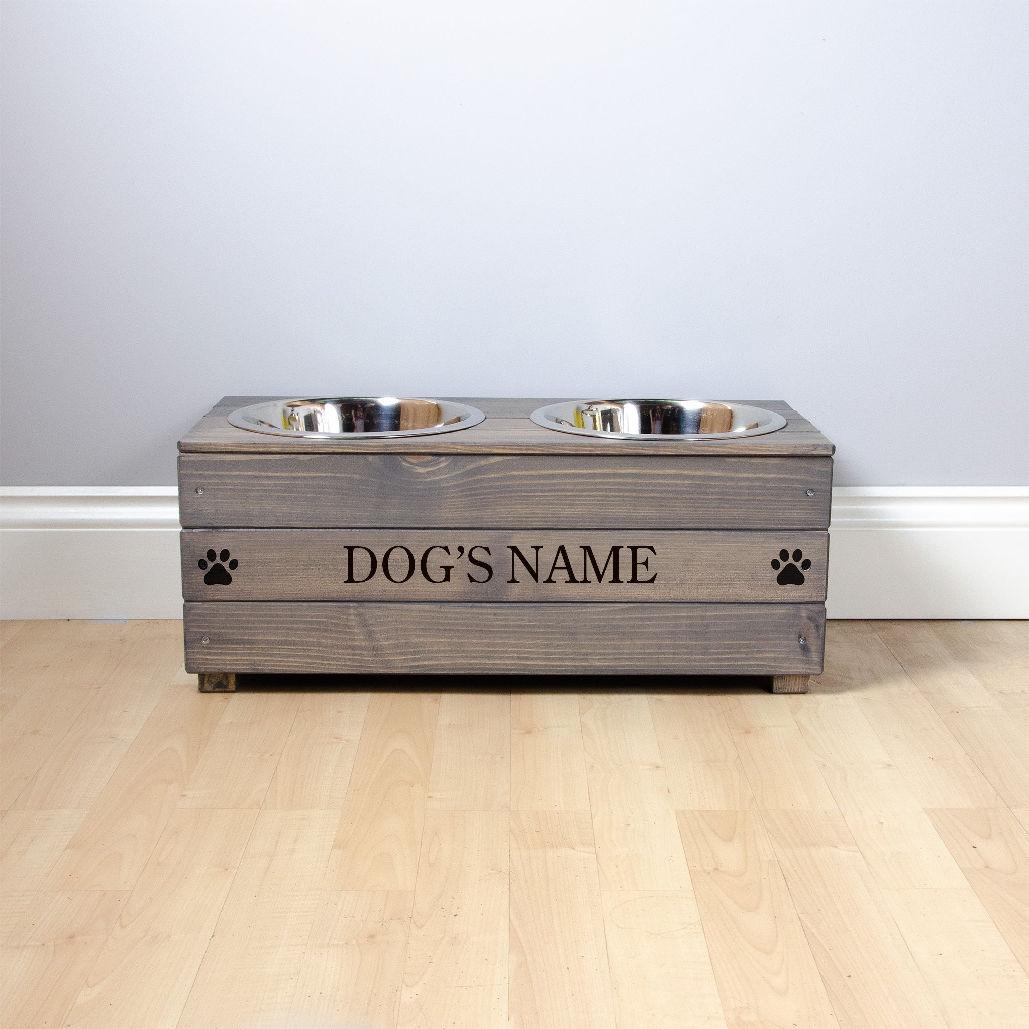 Double Personalised Raised Dog Bowl Stand 25cm High - Ash Grey