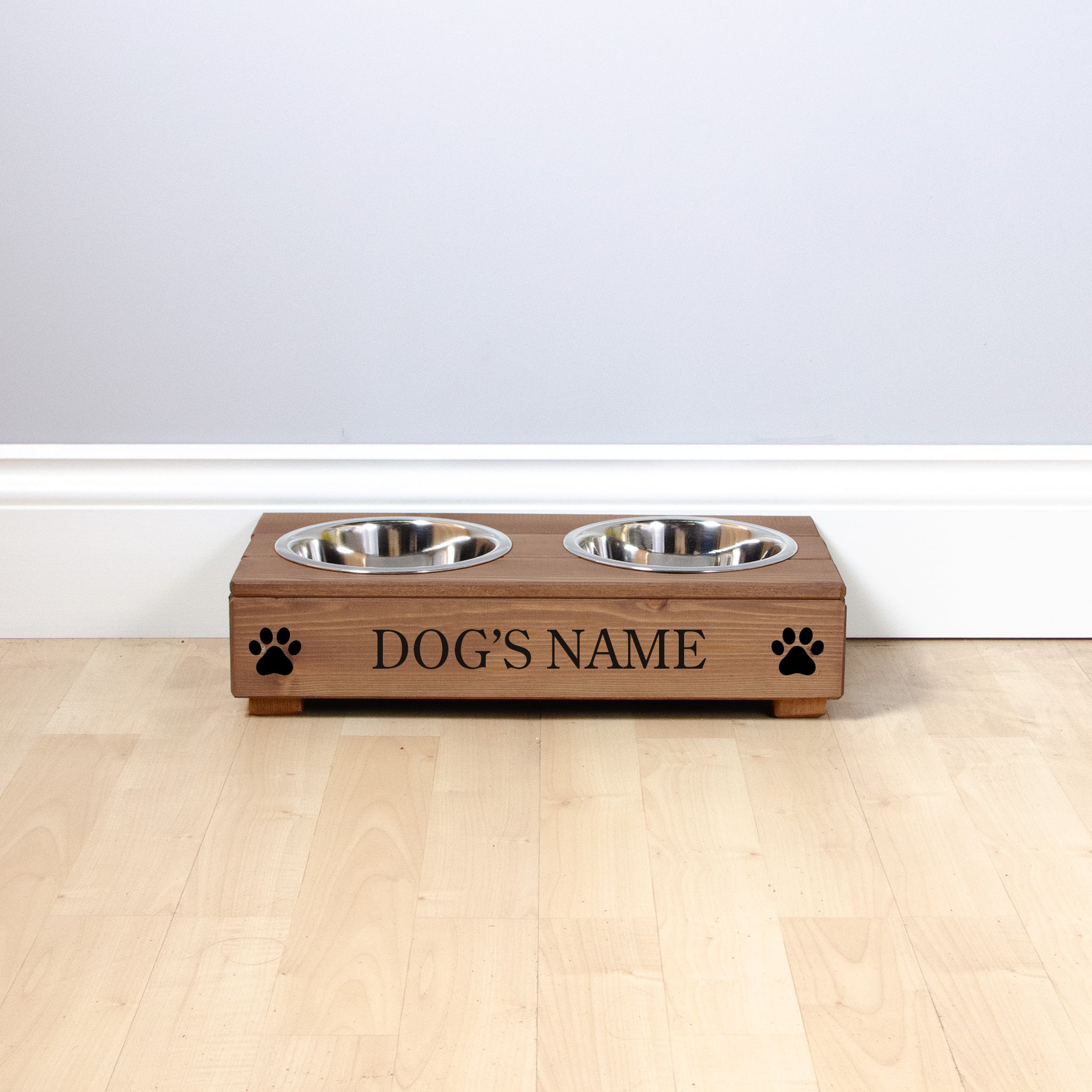 Double Personalised Raised Dog Bowl Stand 10cm High - Royal Oak