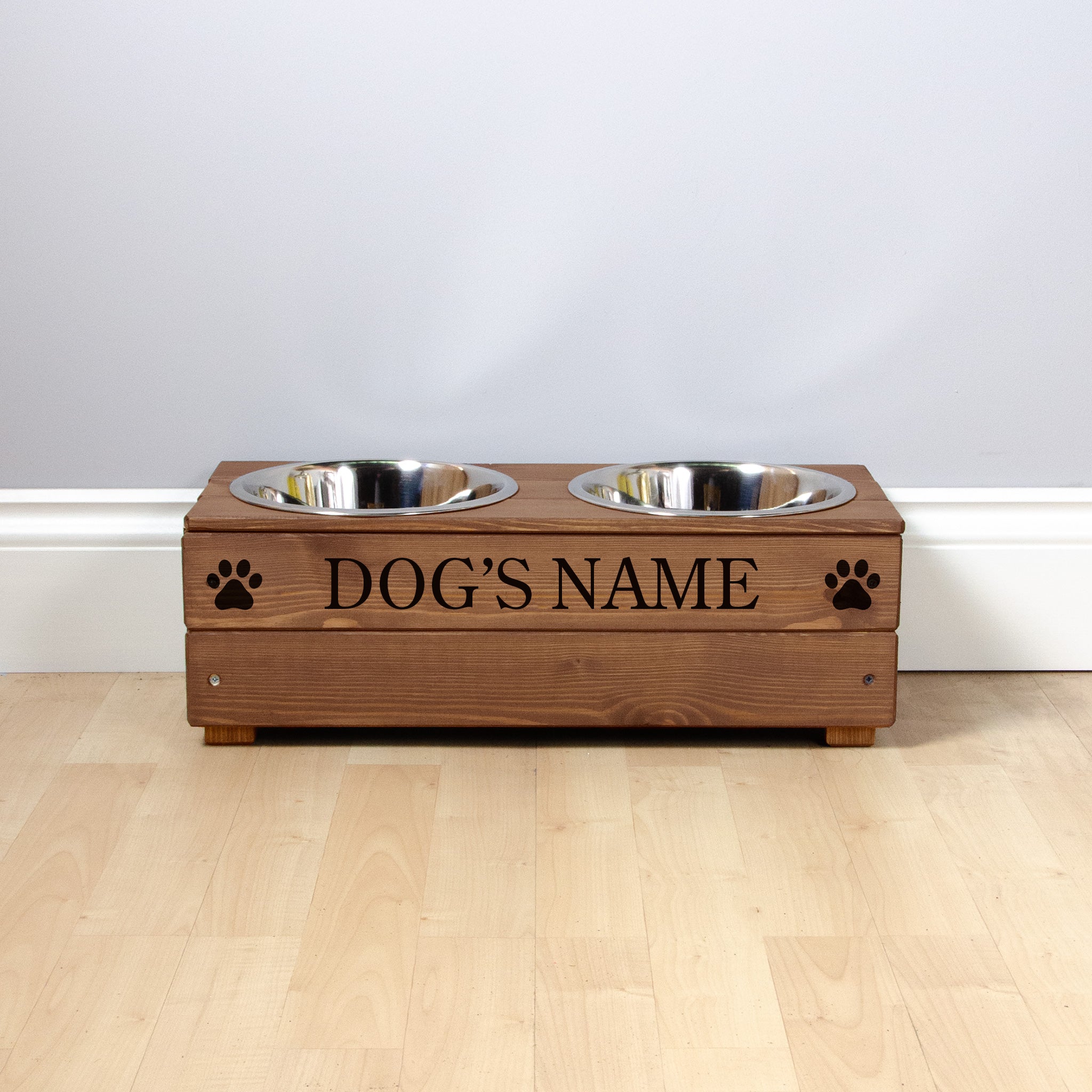 Double Personalised Raised Dog Bowl Stand 17cm High - Royal Oak