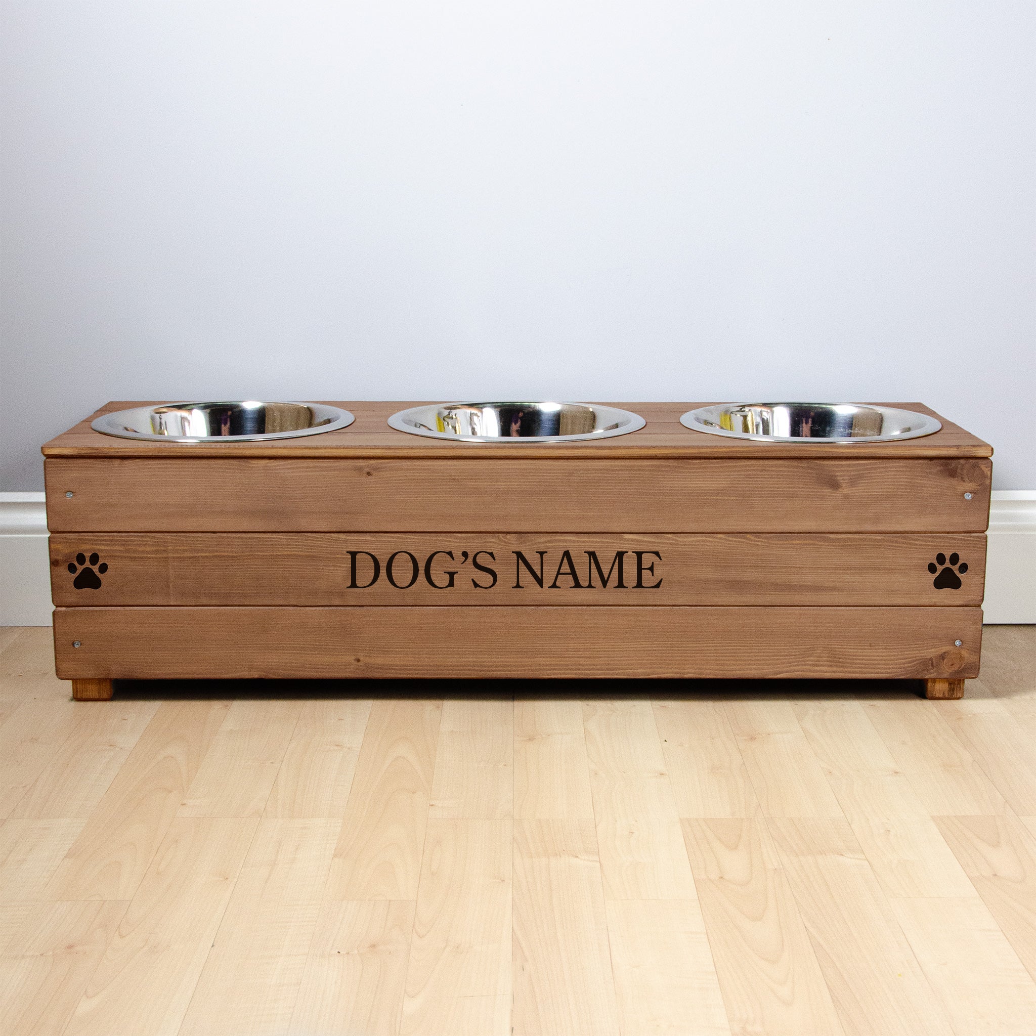 Triple Personalised Raised Dog Bowl Stand 25cm High - Royal Oak